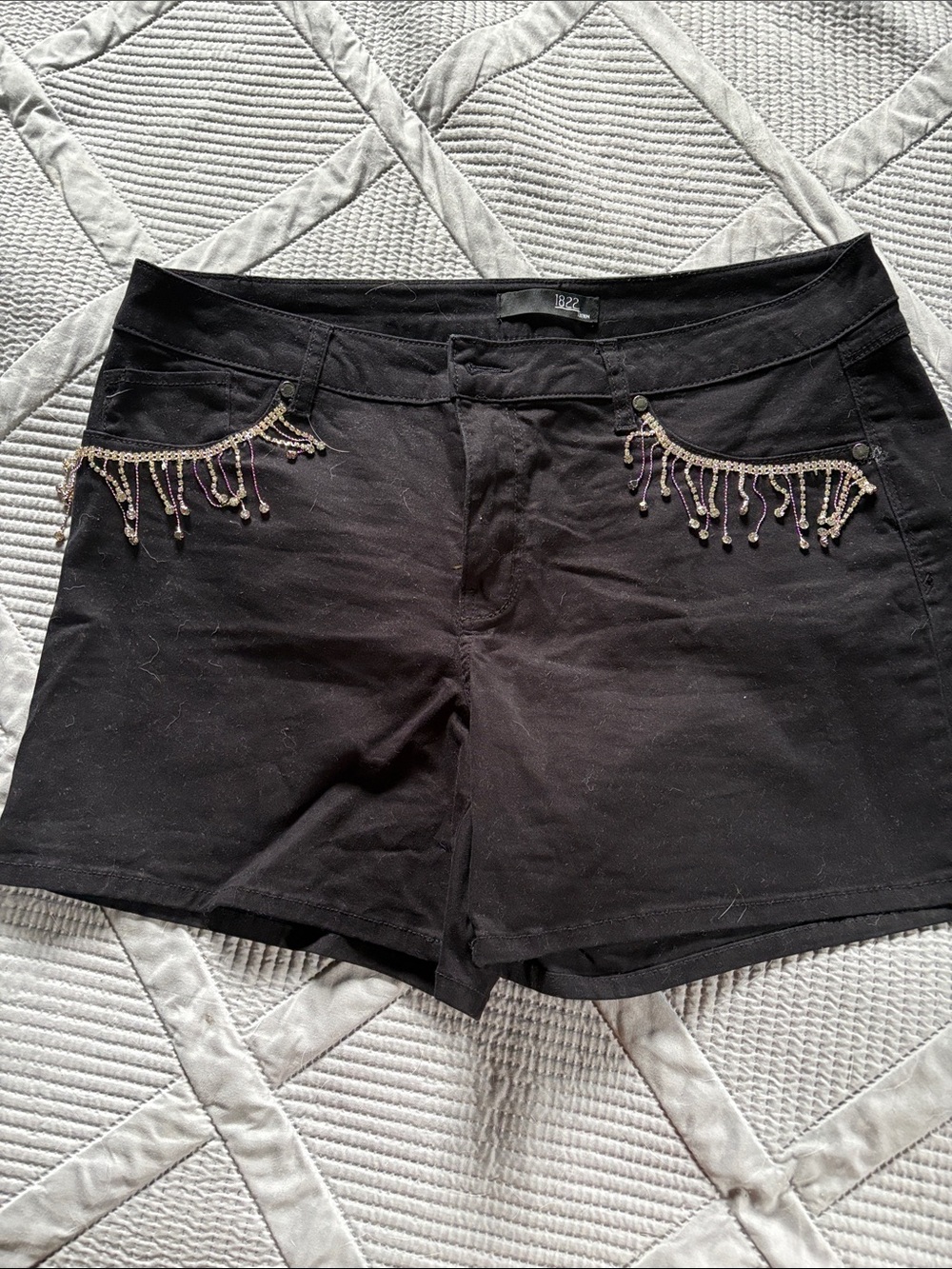 1822 Denim Black Jean Shorts with Beaded Fringe